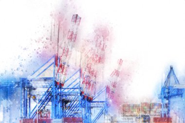 Gdansk limanı - Stogi Sahili yakınlarındaki konteynır terminali, Pomerania, Polonya, illüstrasyon, çizim, eskiz, klasik, resim, antika, retro