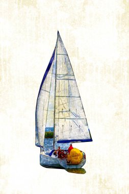 Gölde yelken açan yatlar, arka planda bulutlar, illüstrasyon, çizim, eskiz, klasik sanat, resim, antika, retro