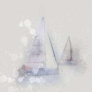 Gölde yelken açan yatlar, arka planda bulutlar, illüstrasyon, çizim, eskiz, klasik sanat, resim, antika, retro