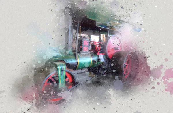 Viejo Tractor Vapor Tren Fotografía Oxidado Carro Arte Ilustración Dibujo — Foto de Stock