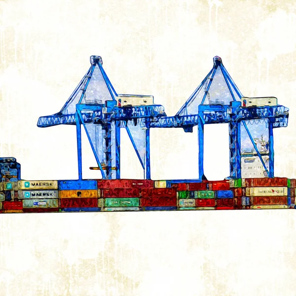 Gdansk Harbour Container Terminal Stogi Beach Pomerania Poland Illustration Drawing — Stock Photo, Image