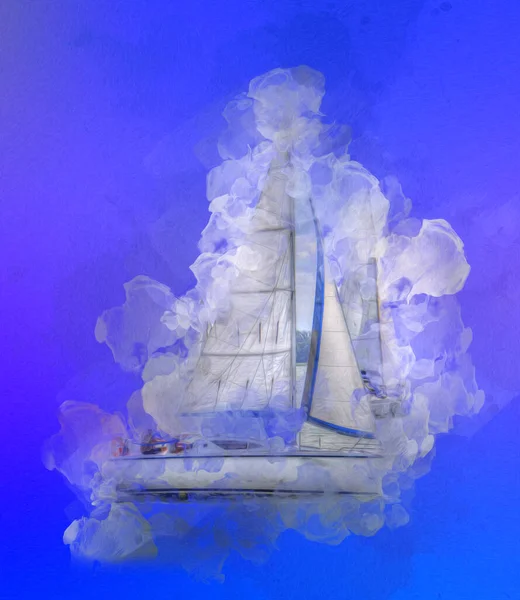 Вітрильні Яхти Пливуть Озері Задньому Плані Розвиваються Хмари Ілюстрація Малюнок — стокове фото
