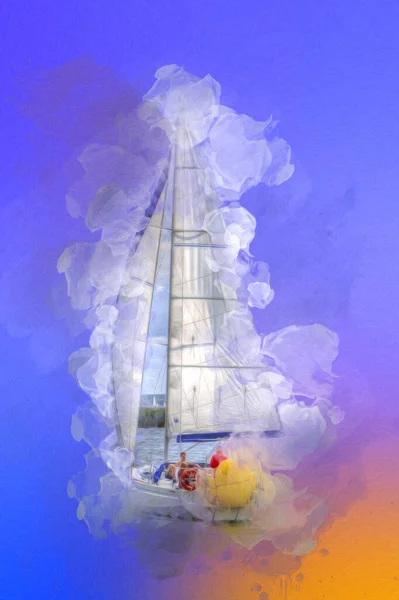 Yachts Voile Naviguant Sur Lac Arrière Plan Développement Nuages Illustration — Photo