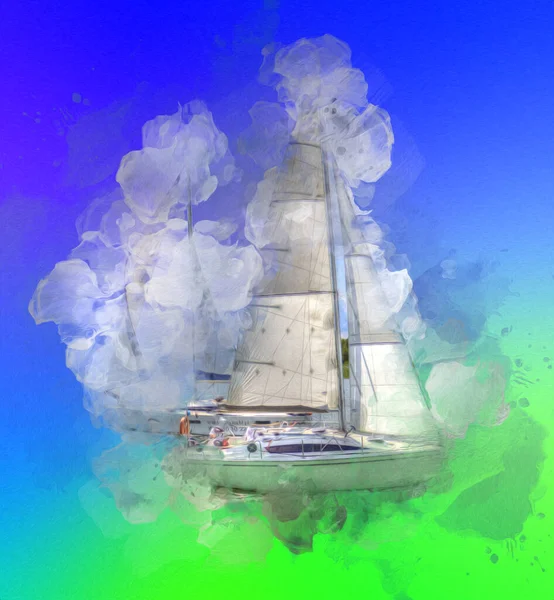 Navegando Iates Navegando Lago Fundo Desenvolvendo Nuvens Ilustração Puxando Esboço — Fotografia de Stock