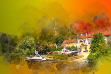 Güneşli yaz gününde Mikolajki kasabasında yat gezintisi, Mazury Lake District, Polonya, illüstrasyon, çizim, eskiz, klasik, sanat, resim, antika, retro