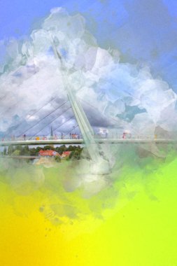 Güneşli yaz gününde Mikolajki kasabasında yat gezintisi, Mazury Lake District, Polonya, illüstrasyon, çizim, eskiz, klasik, sanat, resim, antika, retro