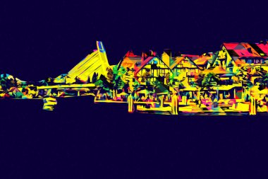 Güneşli yaz gününde Mikolajki kasabasında yat gezintisi, Mazury Lake District, Polonya, illüstrasyon, çizim, eskiz, klasik, sanat, resim, antika, retro