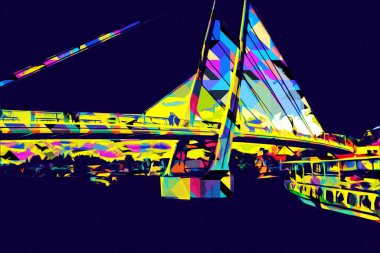 Güneşli yaz gününde Mikolajki kasabasında yat gezintisi, Mazury Lake District, Polonya, illüstrasyon, çizim, eskiz, klasik, sanat, resim, antika, retro