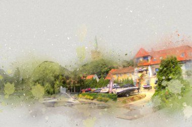 Güneşli yaz gününde Mikolajki kasabasında yat gezintisi, Mazury Lake District, Polonya, illüstrasyon, çizim, eskiz, klasik, sanat, resim, antika, retro