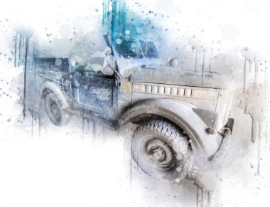 Amerikan askeri araç komutu savaşta, illüstrasyon, çizim, eskiz, klasik, resim, antika, retro