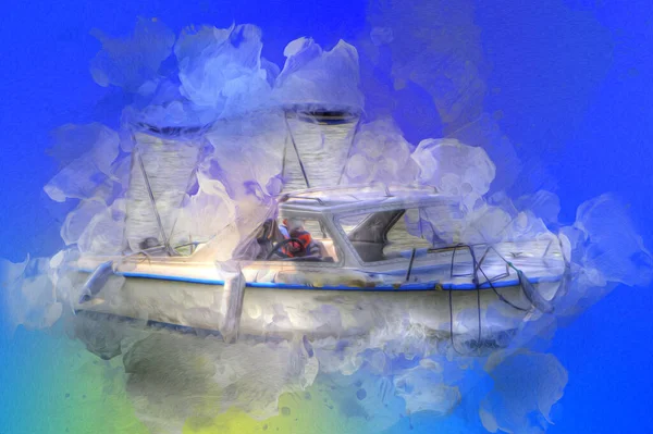 Motorboot Zeilen Het Meer Achtergrond Het Ontwikkelen Van Wolken Illustratie — Stockfoto