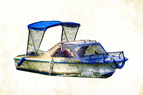 Моторний Човен Пливе Озері Задньому Плані Розвиваються Хмари Ілюстрація Малюнок — стокове фото
