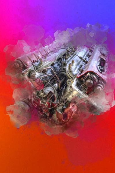 ワークショップ イラスト スケッチ ヴィンテージ アート ヴィンテージ アンティーク レトロのテーブル上のオートバイのエンジンの一部 — ストック写真