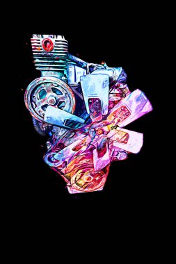 Motosiklet motorunun bir parçası atölyede, resim, çizim, eskiz, klasik, resim, klasik, antika, retro