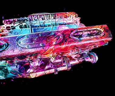 Motosiklet motorunun bir parçası atölyede, resim, çizim, eskiz, klasik, resim, klasik, antika, retro