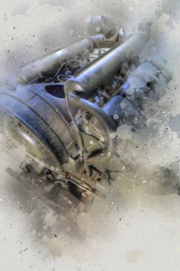 Motosiklet motorunun bir parçası atölyede, resim, çizim, eskiz, klasik, resim, klasik, antika, retro