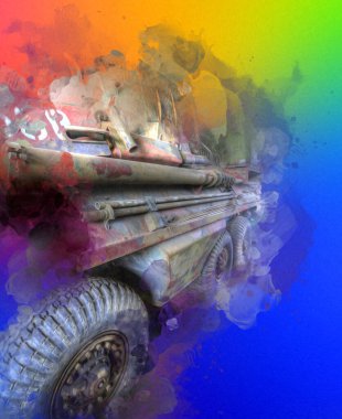 Eski zırhlı personel taşıyıcı, illüstrasyon, çizim, eskiz, vintage, resim, antika, retro