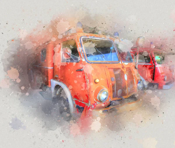 Oldtimer Commer Feuerwehrauto Lkw Straße Geparkt Illustration Zeichnung Skizze Jahrgang — Stockfoto