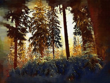 Kış manzarası, panorama, bayrak - kış ormanlarındaki karlı yol manzarası