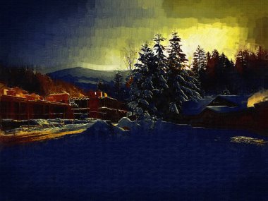Kış manzarası, panorama, bayrak - kış ormanlarındaki karlı yol manzarası