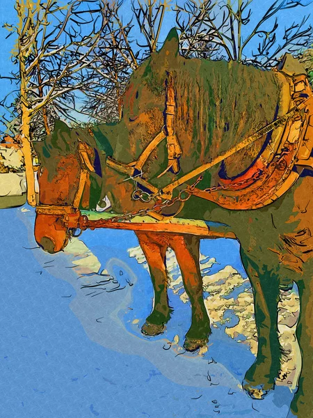 Πολύχρωμο Άλογο Τέχνης Εικονογράφηση Grunge Ζωγραφική Φωτογραφία Χειμώνα — Φωτογραφία Αρχείου