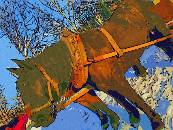 Красочные Рисунки Лошади Иллюстрация Гранж Живописи Фотографии Зимой — стоковое фото