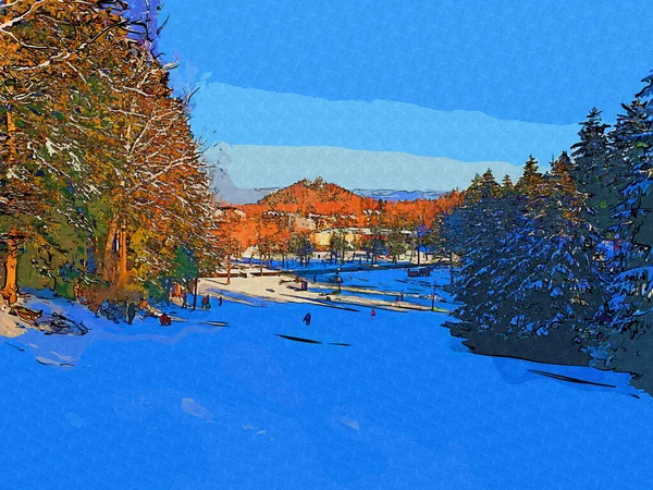 Зимний Пейзаж Панорама Баннер Вид Снежную Дорогу Зимнем Горном Лесу — стоковое фото