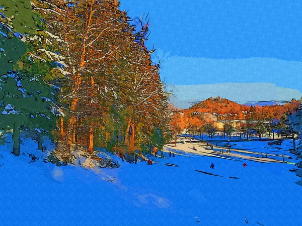 Paesaggio Invernale Panorama Striscione Veduta Della Strada Innevata Nella Foresta — Foto Stock