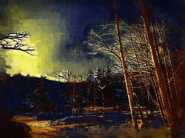 Zimní Krajina Panorama Prapor Pohled Zasněženou Silnici Zimním Horském Lese — Stock fotografie