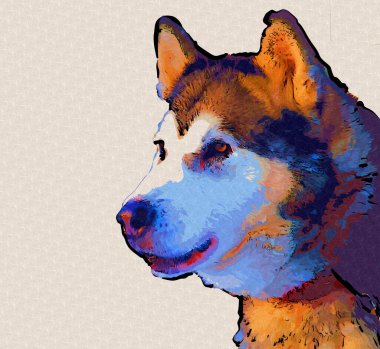 köpek Alaska malamute, illüstrasyon, sanat, vintage, retro, antika resim çizimi