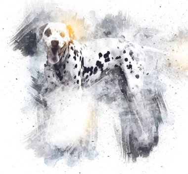 Dalmaçyalı köpek, oturuyor, kameraya bakıyor, illüstrasyon, sanat, antika, antika resim çizimi
