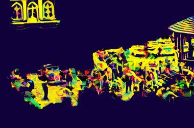 Wroclaw Avrupa şehir manzarası, düğün, insanlar ve çim, sanat ilüstrasyonu antika, model, minyatür