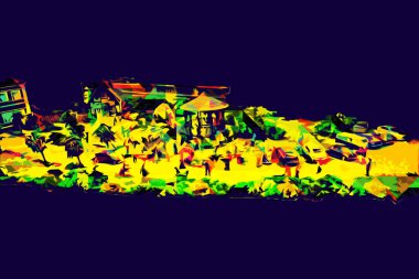 Wroclaw Avrupa şehir manzarası, düğün, insanlar ve çim, sanat ilüstrasyonu antika, model, minyatür