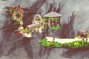 Wroclaw Avrupa şehir manzarası, düğün, insanlar ve çim, sanat ilüstrasyonu antika, model, minyatür