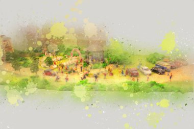 Wroclaw Avrupa şehir manzarası, düğün, insanlar ve çim, sanat ilüstrasyonu antika, model, minyatür