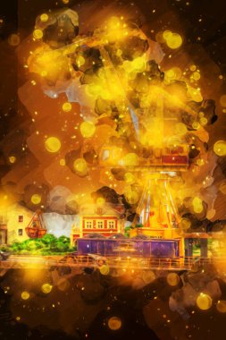 Büyük iskele vinçleri, derin deniz gemilerinin boşaltılması için hazırlandı. Sanatsal ilüstrasyon antika, model, minyatür.