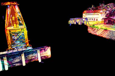 Büyük iskele vinçleri, derin deniz gemilerinin boşaltılması için hazırlandı. Sanatsal ilüstrasyon antika, model, minyatür.