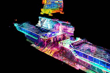 Büyük iskele vinçleri, derin deniz gemilerinin boşaltılması için hazırlandı. Sanatsal ilüstrasyon antika, model, minyatür.