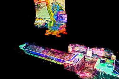 Büyük iskele vinçleri, derin deniz gemilerinin boşaltılması için hazırlandı. Sanatsal ilüstrasyon antika, model, minyatür.