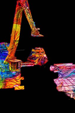 Büyük iskele vinçleri, derin deniz gemilerinin boşaltılması için hazırlandı. Sanatsal ilüstrasyon antika, model, minyatür.