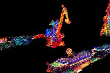 Büyük iskele vinçleri, derin deniz gemilerinin boşaltılması için hazırlandı. Sanatsal ilüstrasyon antika, model, minyatür.