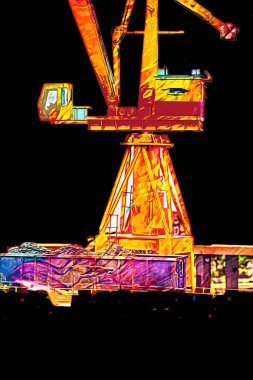 Büyük iskele vinçleri, derin deniz gemilerinin boşaltılması için hazırlandı. Sanatsal ilüstrasyon antika, model, minyatür.
