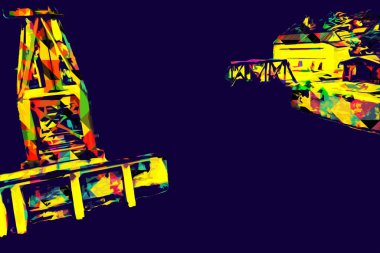 Büyük iskele vinçleri, derin deniz gemilerinin boşaltılması için hazırlandı. Sanatsal ilüstrasyon antika, model, minyatür.