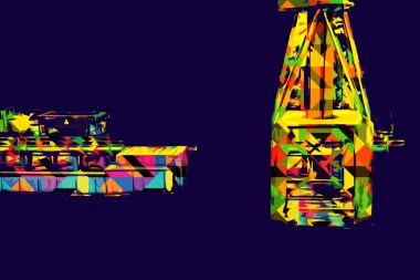 Büyük iskele vinçleri, derin deniz gemilerinin boşaltılması için hazırlandı. Sanatsal ilüstrasyon antika, model, minyatür.