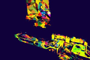 Büyük iskele vinçleri, derin deniz gemilerinin boşaltılması için hazırlandı. Sanatsal ilüstrasyon antika, model, minyatür.