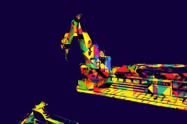 Büyük iskele vinçleri, derin deniz gemilerinin boşaltılması için hazırlandı. Sanatsal ilüstrasyon antika, model, minyatür.