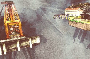 Büyük iskele vinçleri, derin deniz gemilerinin boşaltılması için hazırlandı. Sanatsal ilüstrasyon antika, model, minyatür.