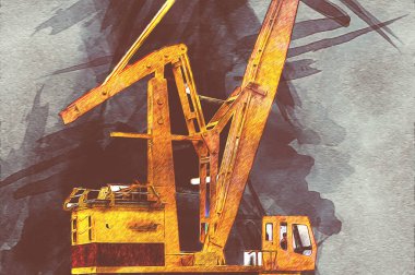 Büyük iskele vinçleri, derin deniz gemilerinin boşaltılması için hazırlandı. Sanatsal ilüstrasyon antika, model, minyatür.