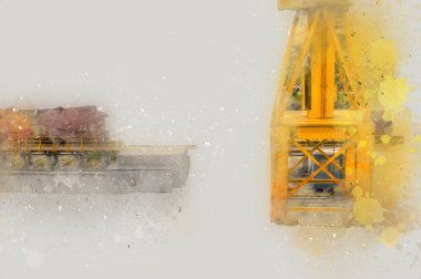 Büyük iskele vinçleri, derin deniz gemilerinin boşaltılması için hazırlandı. Sanatsal ilüstrasyon antika, model, minyatür.