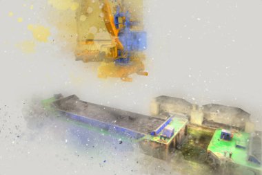 Büyük iskele vinçleri, derin deniz gemilerinin boşaltılması için hazırlandı. Sanatsal ilüstrasyon antika, model, minyatür.